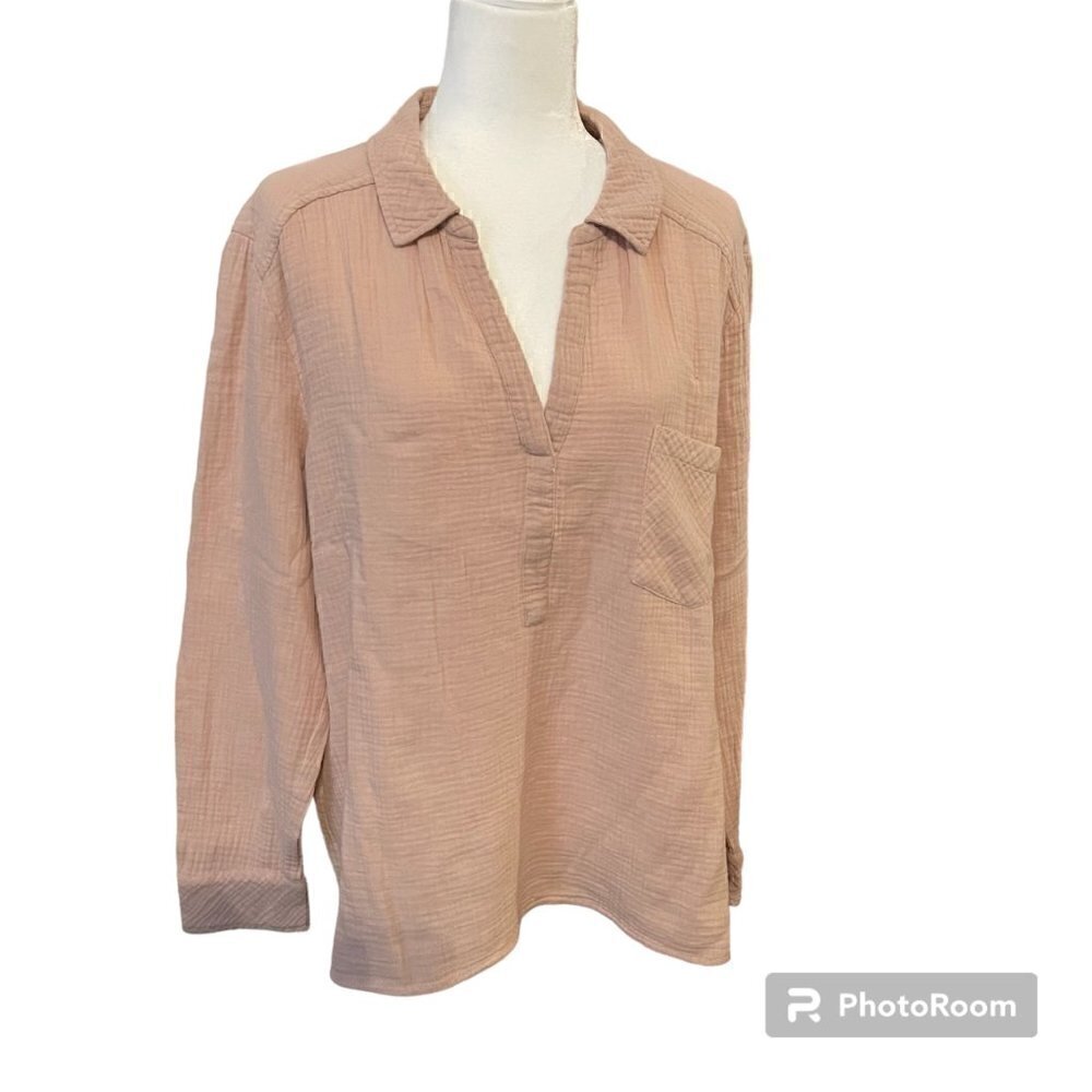 1. State Collar V-Neck Long Sleeve Soft Peach Color Blouse Size XL